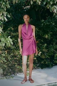 KNOTTED HALTER MINI DRESS