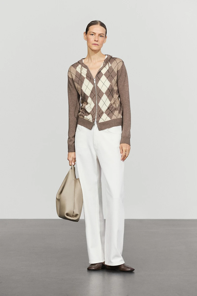 Hooded zip-up knit cardigan