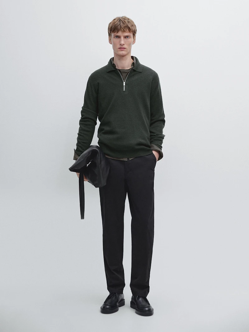 Knit wool blend polo sweater with zip