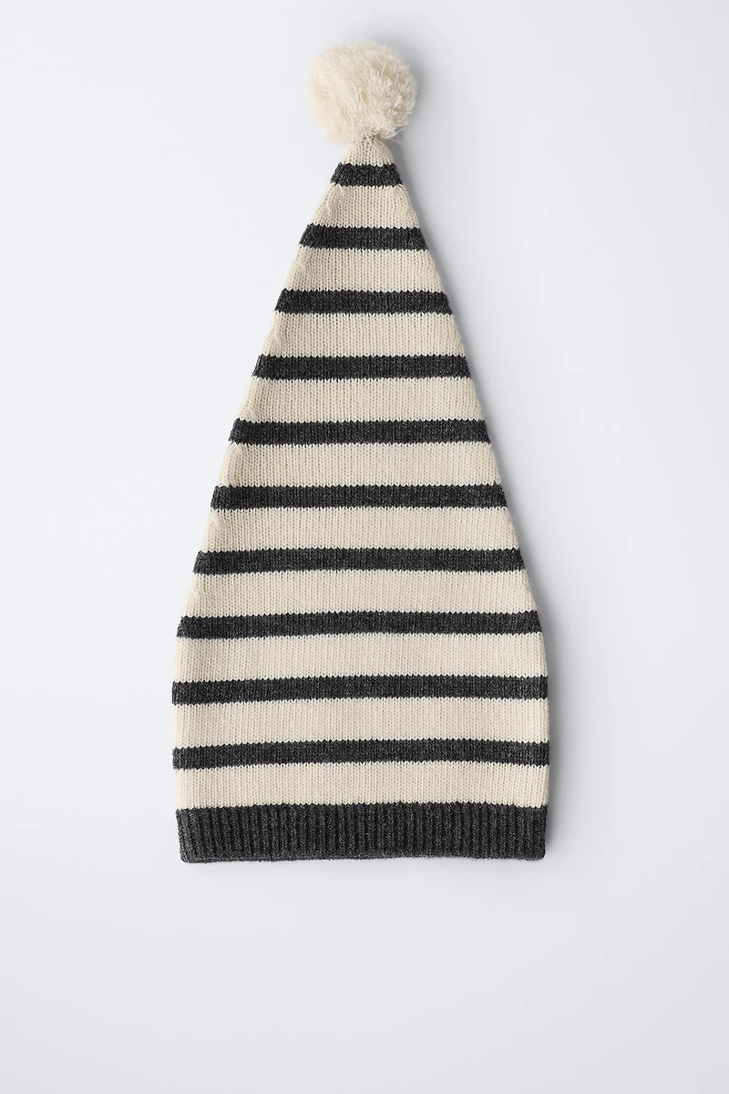 0 MOIS -14 ANS/ BONNET EN MAILLE À RAYURES AVEC POMPON ET LAINE