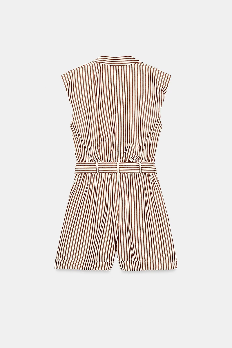 STRIPED BELTED SHORT JUMPSUIT
