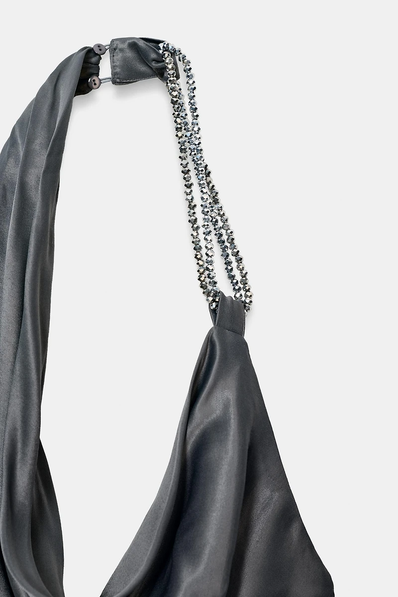 ASYMMETRICAL BEADED SATIN MIDI DRESS