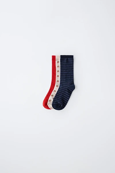 LOT DE TROIS PAIRES CHAUSSETTES MI-HAUTES MOTIF CERISES