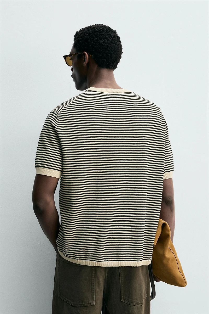 T-SHIRT EN POINT DE COTON ET LIN À RAYURES