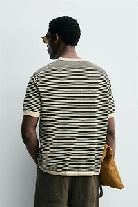 T-SHIRT EN POINT DE COTON ET LIN À RAYURES