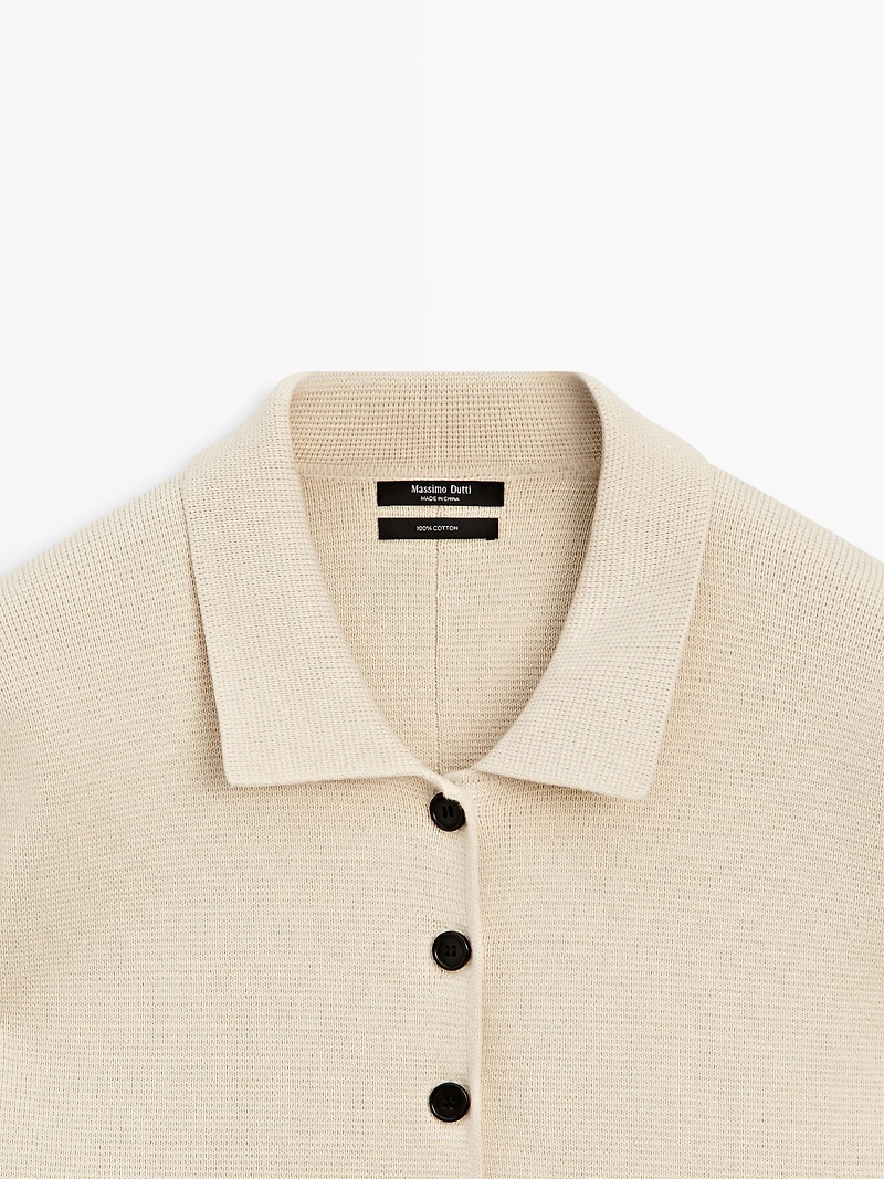 Cotton knit polo collar cardigan