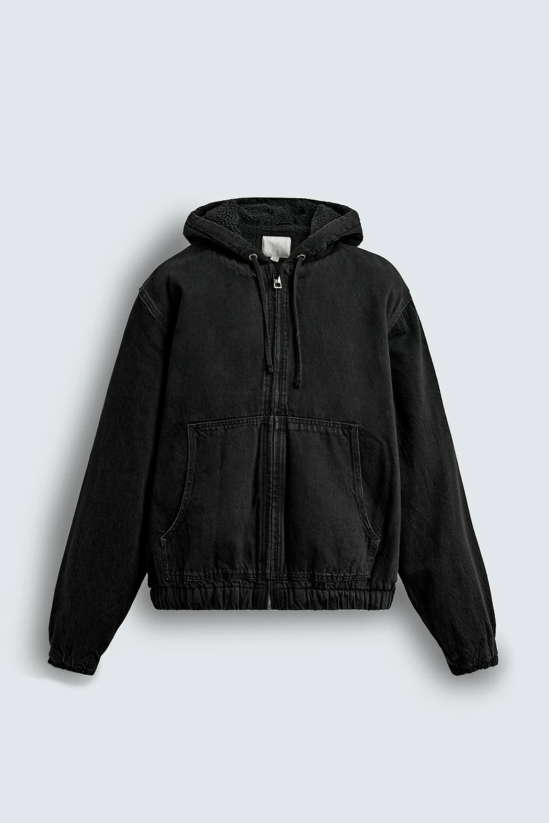 FLEECE LINED DENIM JACKET WITH HOODIE