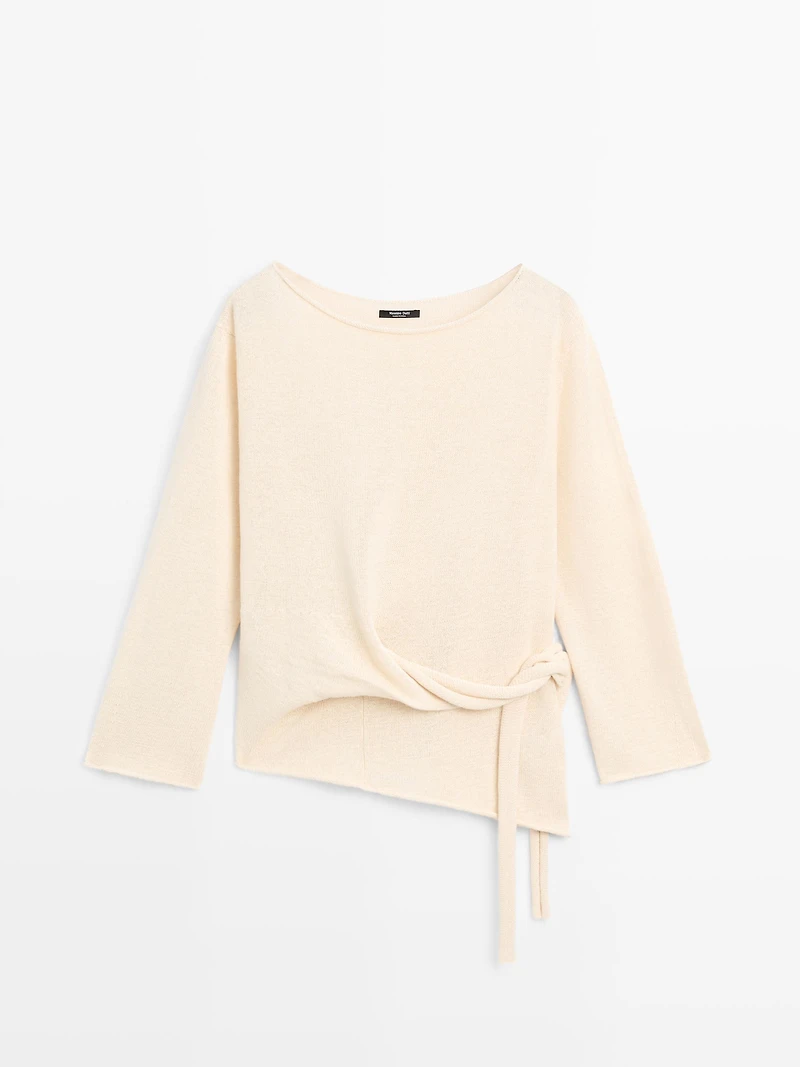 Asymmetric linen blend sweater with tie detail