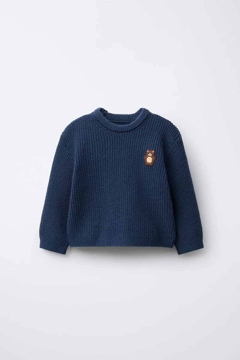 EMBROIDERED TEDDY BEAR PURL KNIT JUMPER