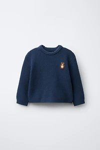 EMBROIDERED TEDDY BEAR PURL KNIT JUMPER