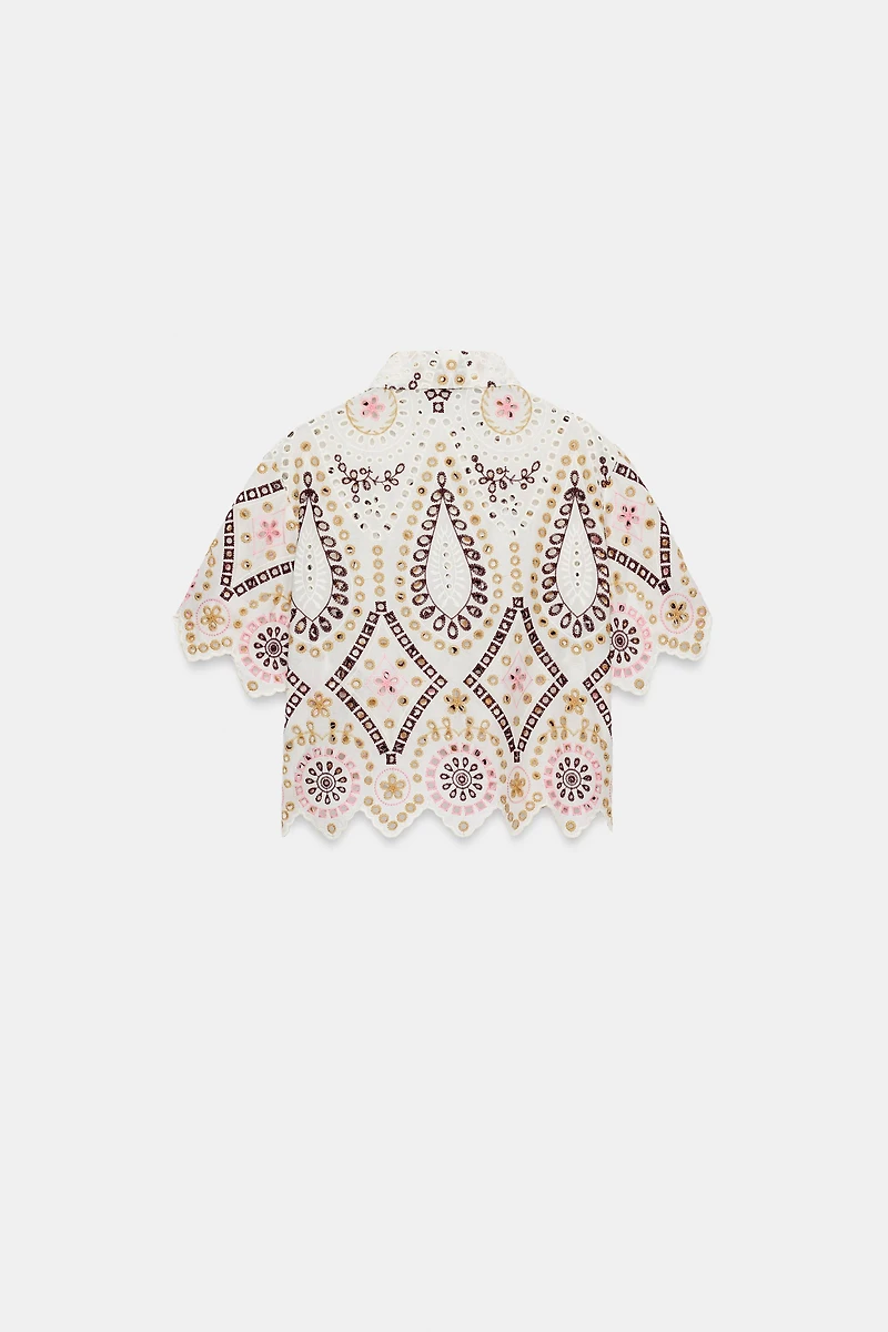 EMBROIDERED EYELET SHORT SLEEVE SHIRT