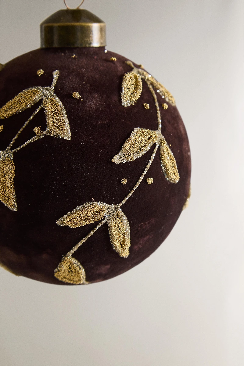VELVET AND LEAF PRINT CHRISTMAS TREE BALL ORNAMENT