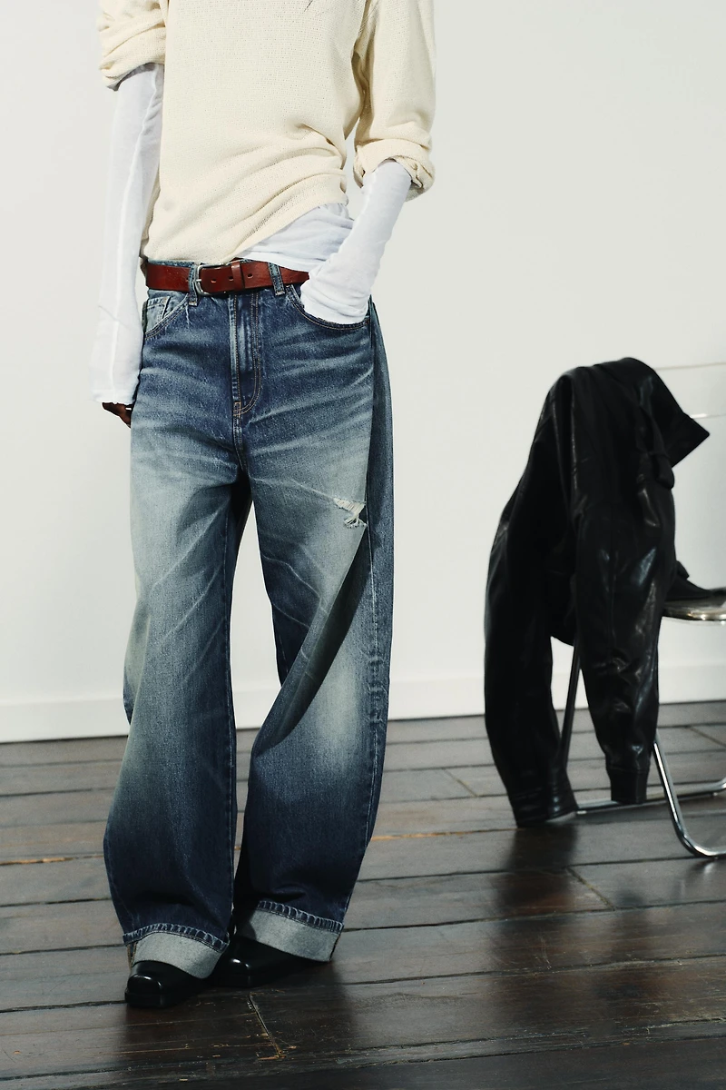 TRF MID-RISE RIPPED BAGGY FOLDED JEANS