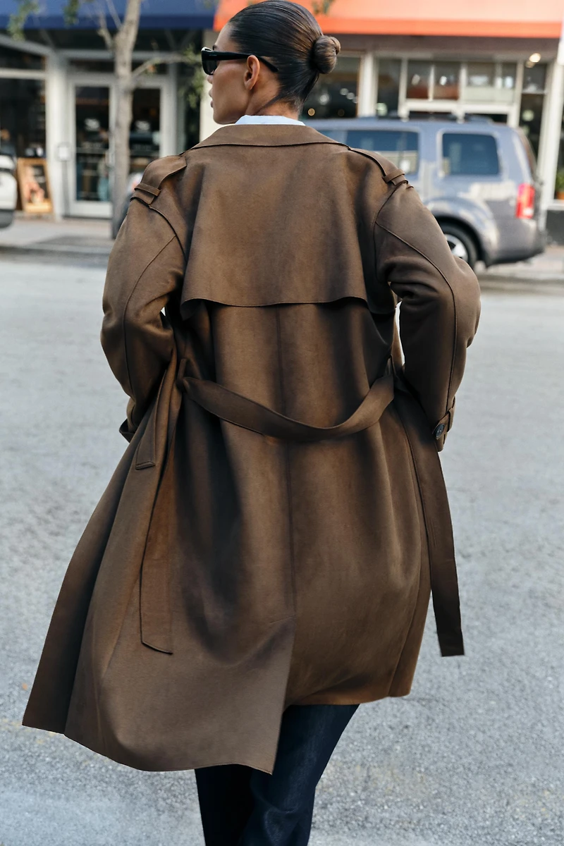 LONG SUEDE EFFECT BELTED TRENCH COAT