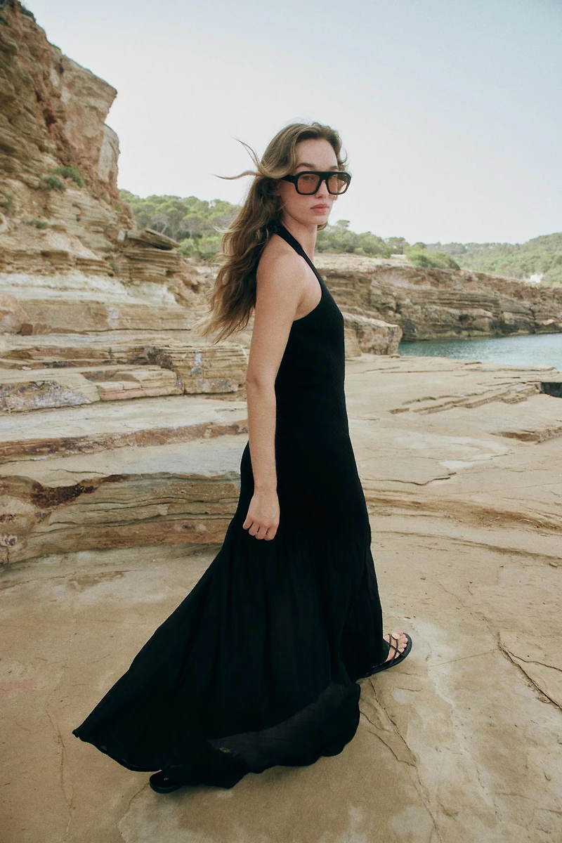 COMBINATION KNIT HALTER DRESS