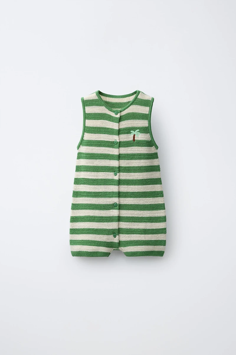 PALM EMBROIDERED KNIT ROMPER