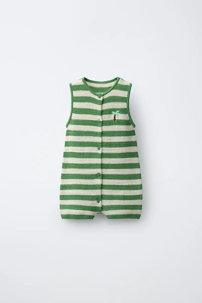 PALM EMBROIDERED KNIT ROMPER