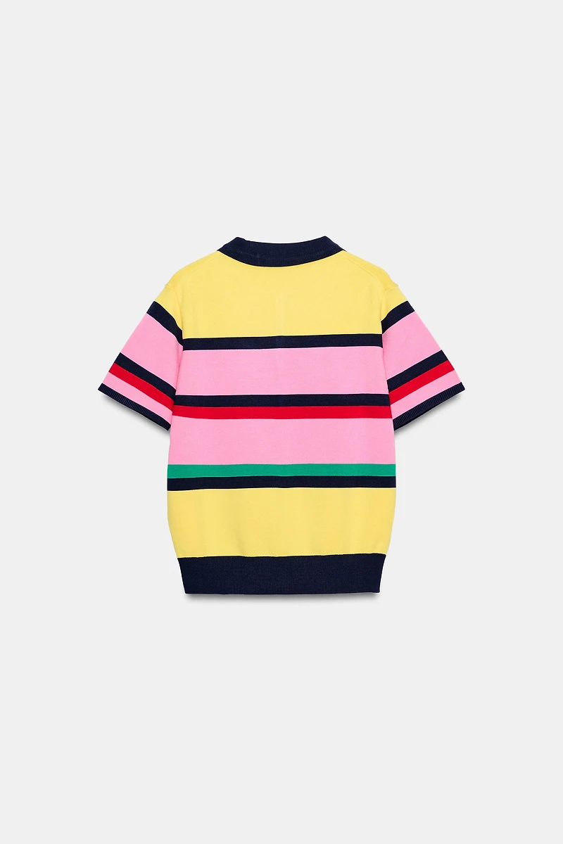 STRIPED KNIT POLO TOP
