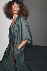 CONTRAST TIED LINEN DRESS