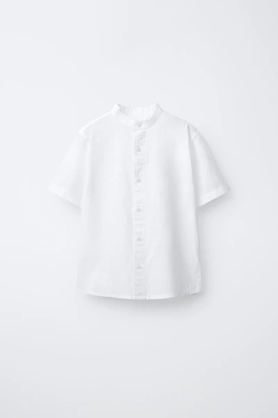COTTON AND LINEN MANDARIN COLLAR SHIRT