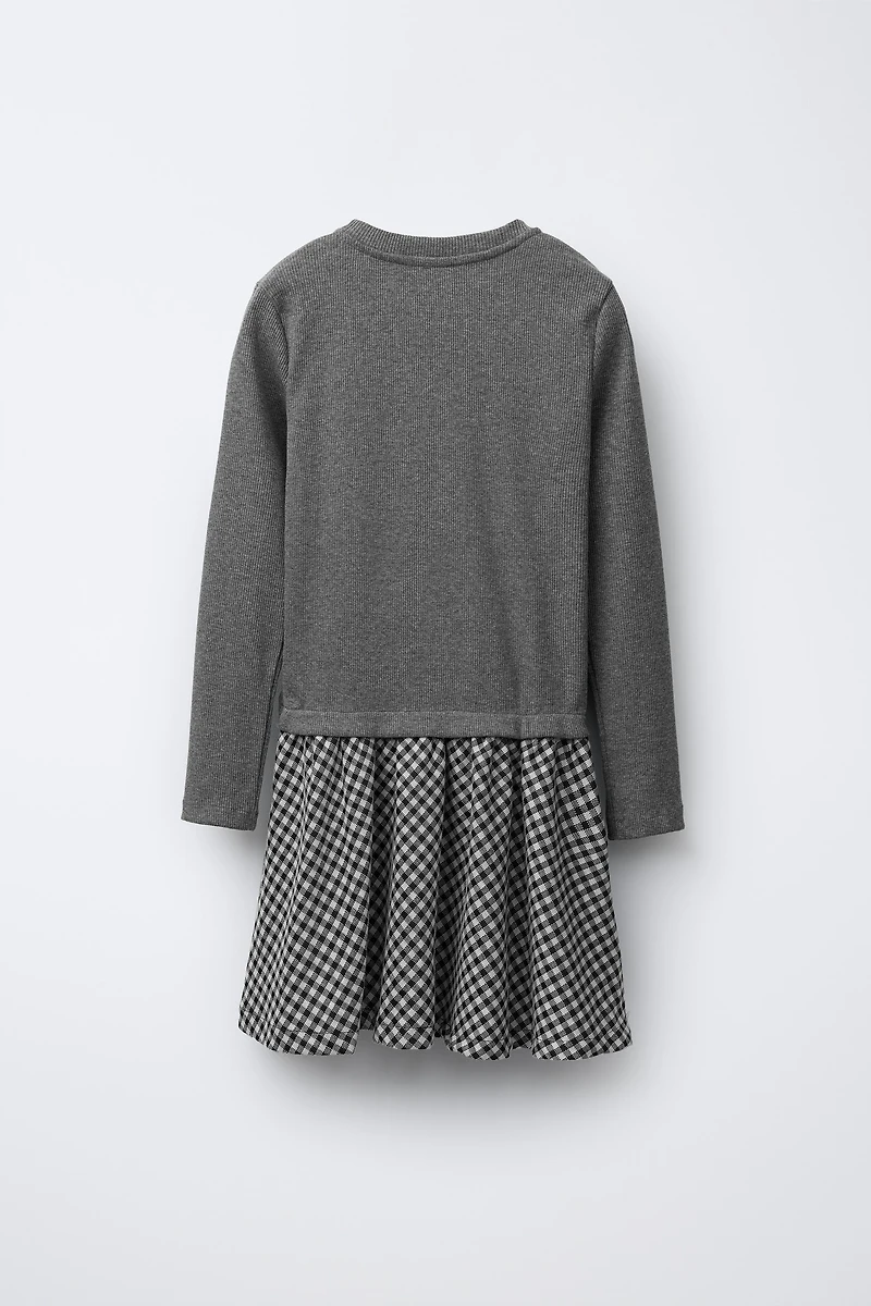 RIB KNIT COMBINATION PLAID SKIRT DRESS