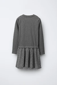 RIB KNIT COMBINATION PLAID SKIRT DRESS