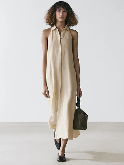 Robe midi col polo en lin
