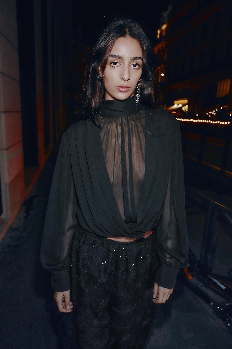 SEMI-SHEER DRAPED BALLOON SHIRT