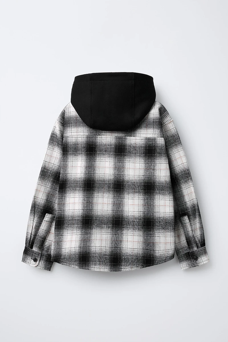 REMOVABLE FLEECE HOOD PLAID OVERSHIRT