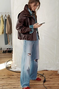 FAUX LEATHER PLEATED JACKET