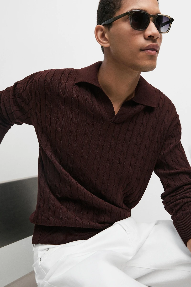 100% Cotton Cable-Knit Polo Sweater