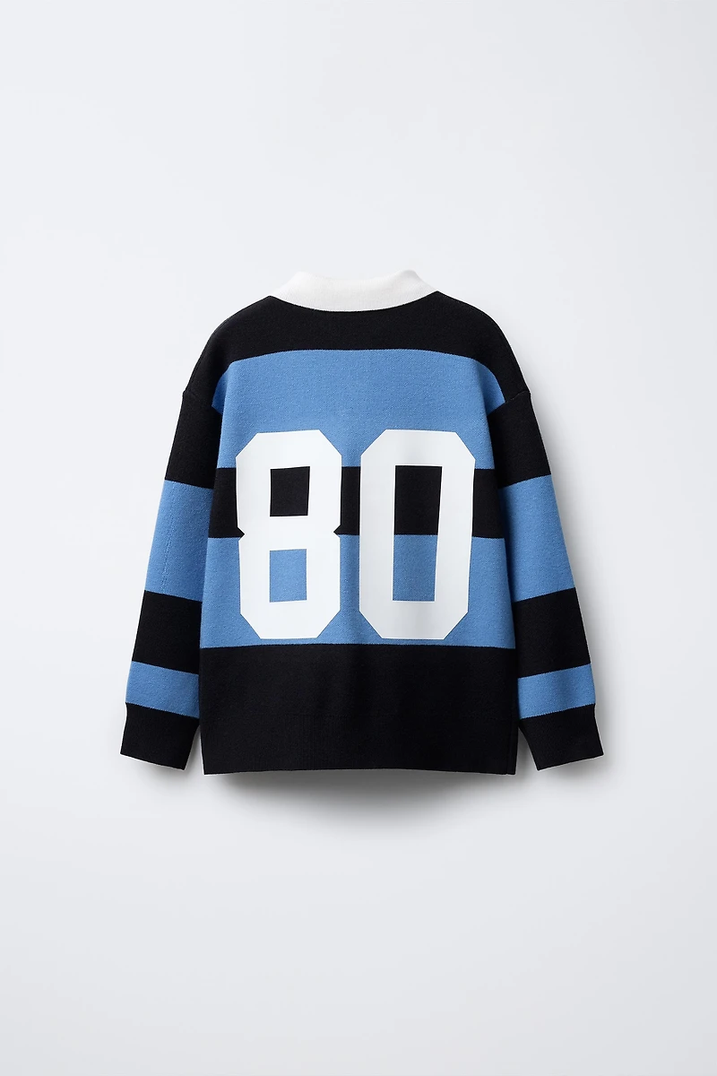 STRIPED VARSITY KNIT POLO SWEATER