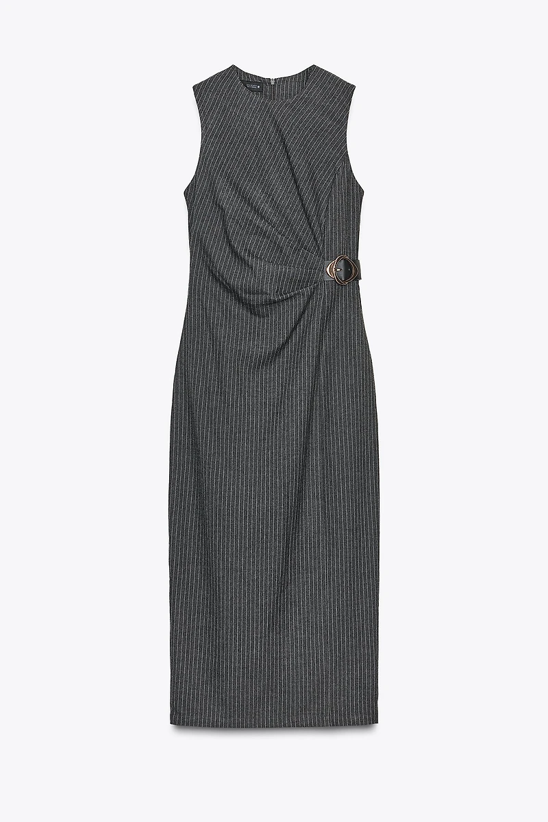 STRIPED BUCKLE MIDI DRESS