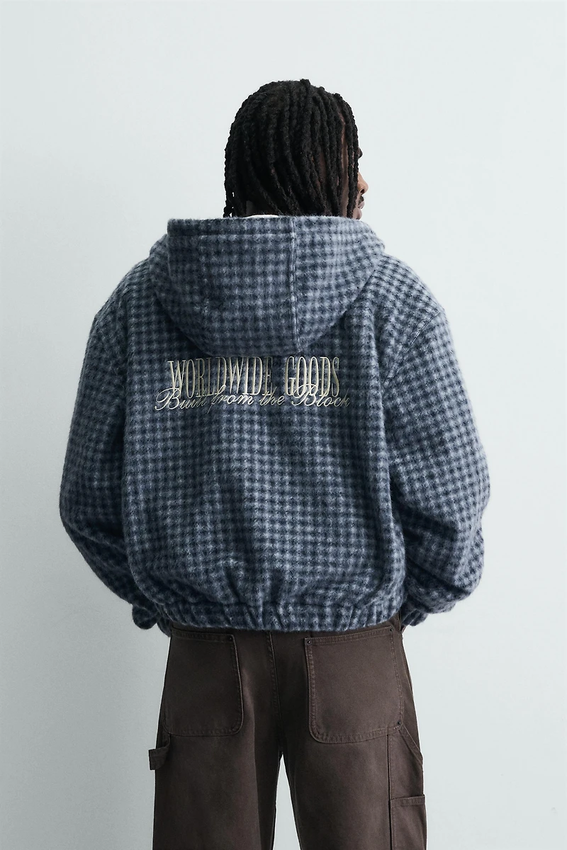 HOODED EMBROIDERED PLAID OVERSHIRT