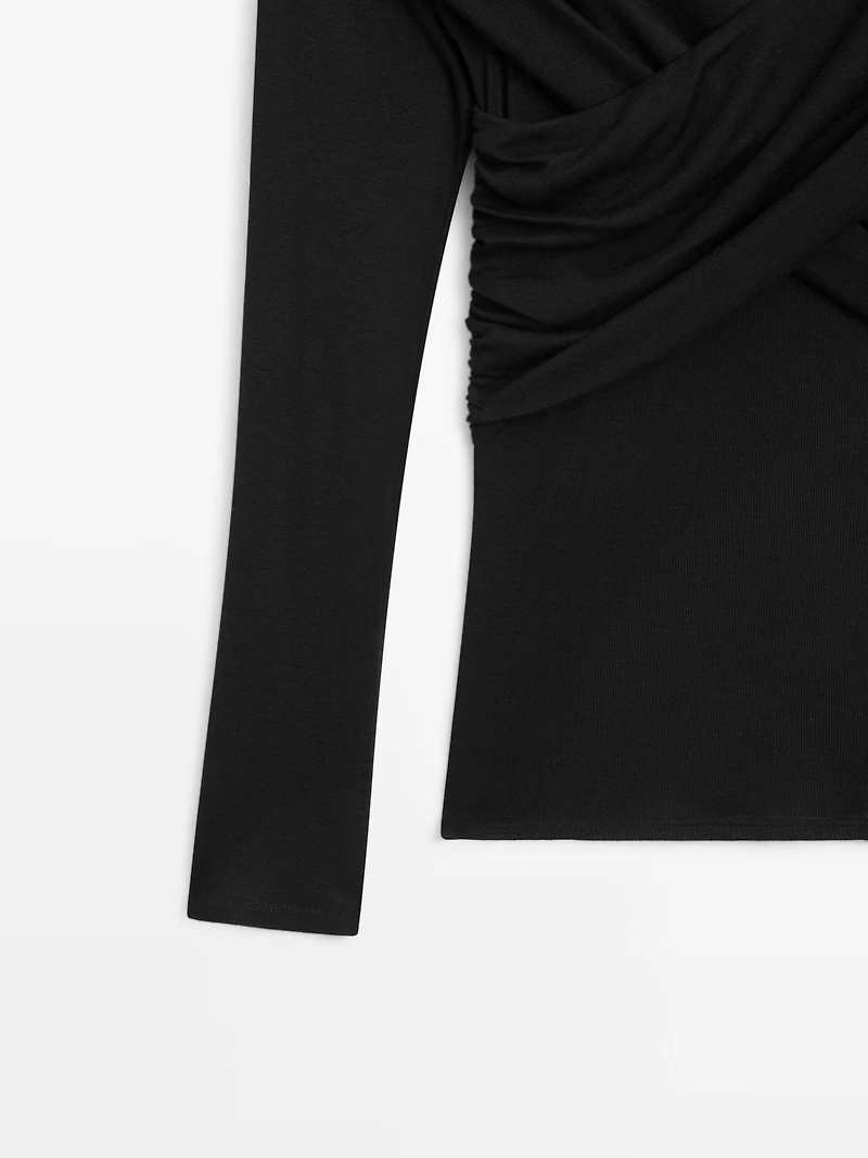 Off-the-shoulder lyocell and wool blend top