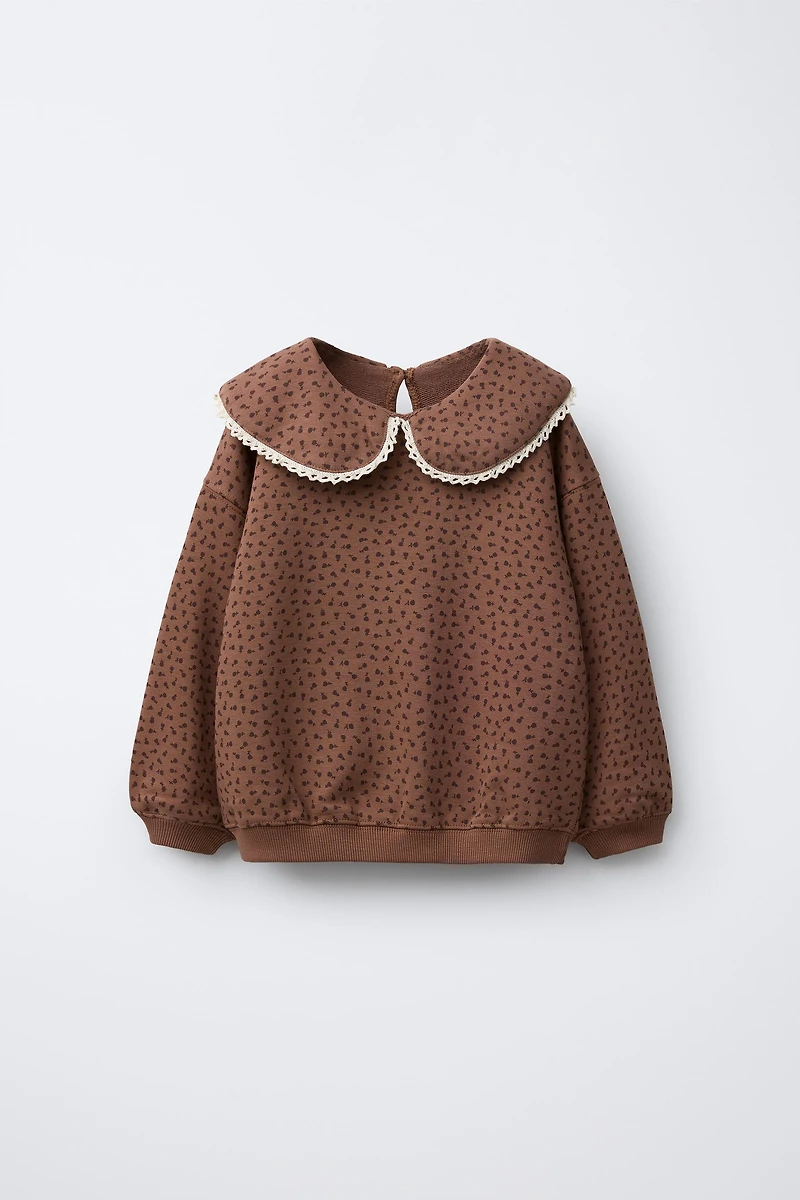 PETER PAN COLLAR LACE TRIM PRINTED SWEATSHIRT
