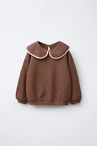 PETER PAN COLLAR LACE TRIM PRINTED SWEATSHIRT