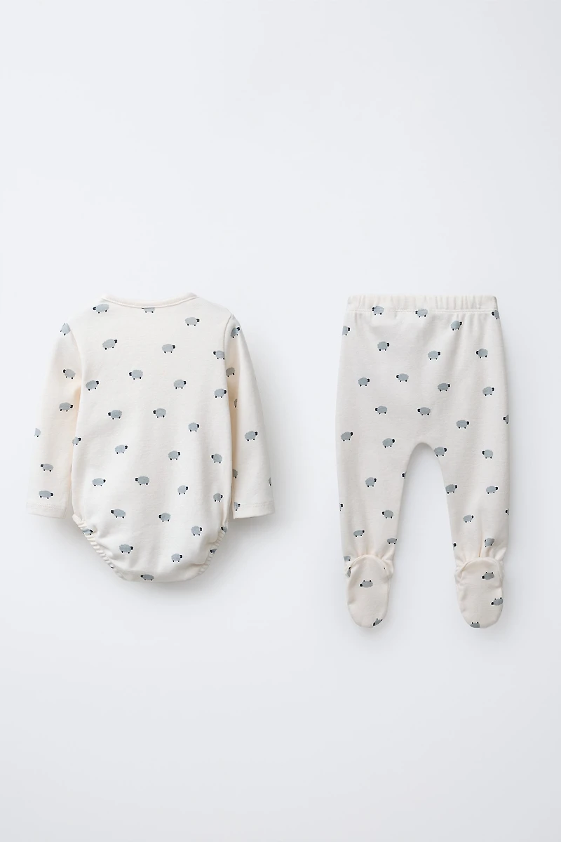 SHEEP PRINT BODYSUIT AND FOOTED PANTS SET
