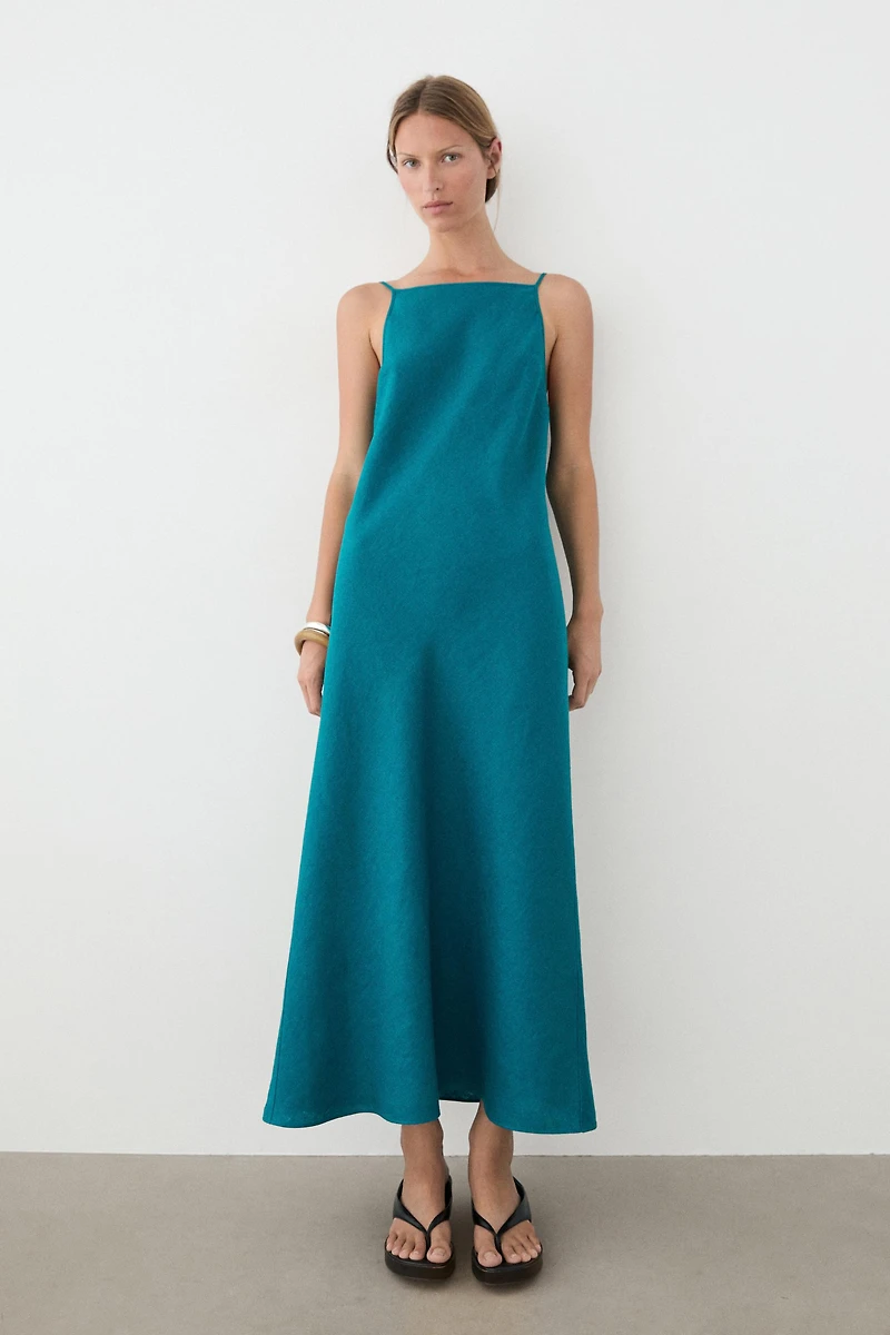 100% linen strappy midi dress