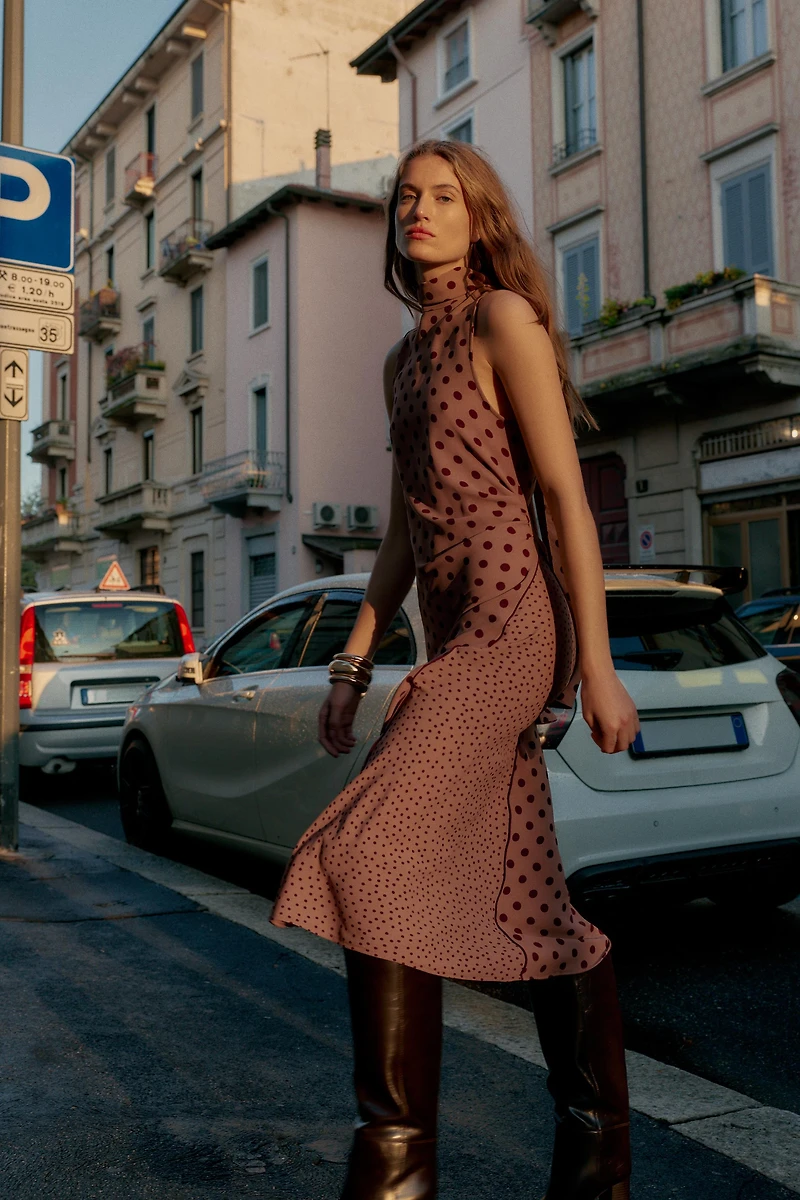 TIED POLKA DOT MIDI DRESS
