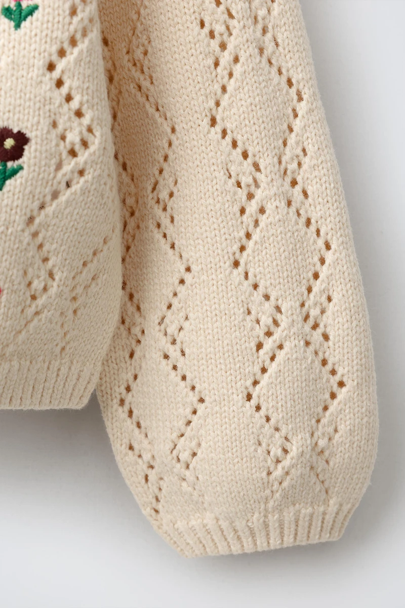 OPENWORK KNIT CARDIGAN WITH EMBROIDERED HEARTS