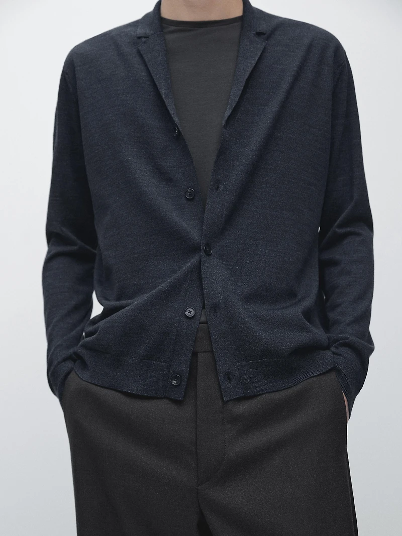 Wool blend knit cardigan with lapel collar