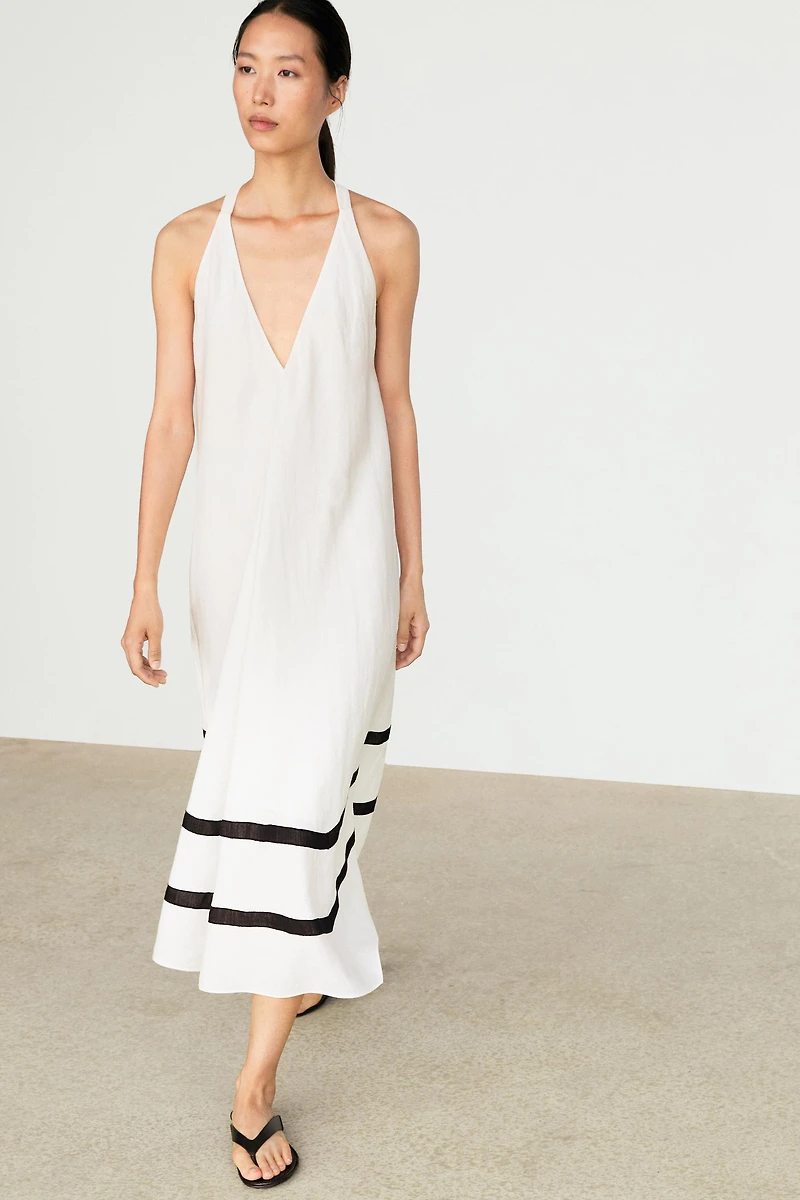 Linen blend midi dress with contrast stripe detail