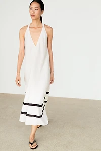 Linen blend midi dress with contrast stripe detail