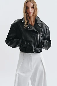 FAUX LEATHER BIKER JACKET WITH SHOULDER PADS