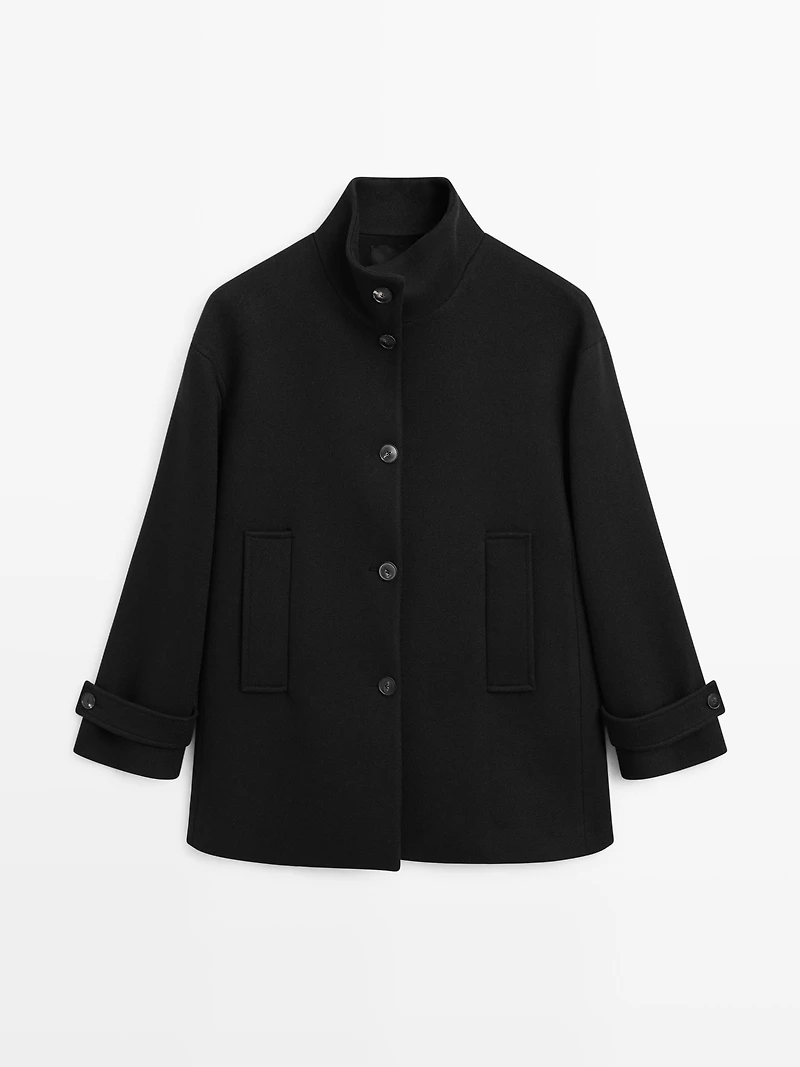 Wool blend high neck coat with button fastening
