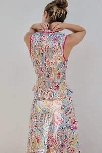 PRINTED EMBROIDERED EYELET TOP