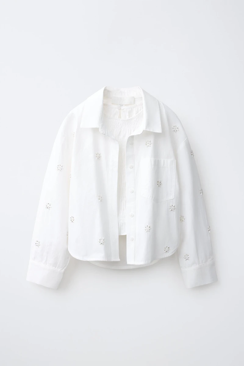STRIPED SHIRT AND GATHERED TOP SET WITH BEAD APPLIQUÉ
