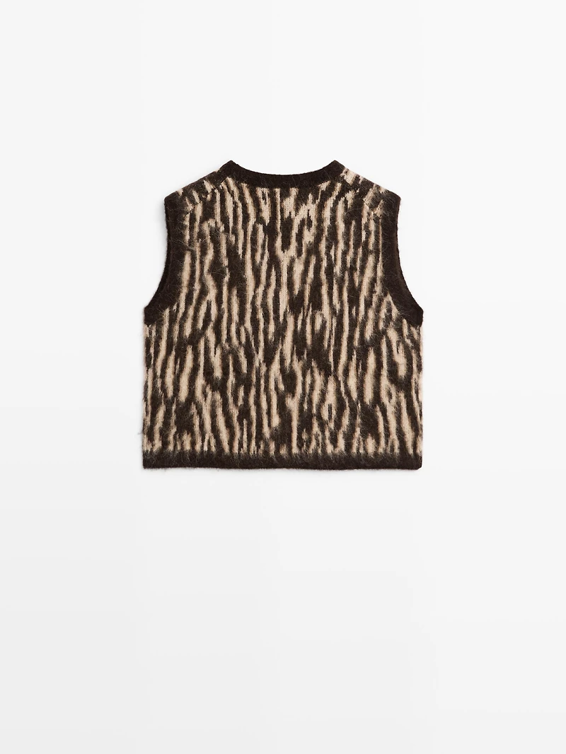 Veste sans manches en maille de laine mélangée à imprimé animal