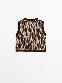 Veste sans manches en maille de laine mélangée à imprimé animal